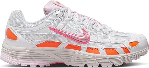 Nike women's P-6000 sneaker, white upper with pink swoosh and orange stripes
