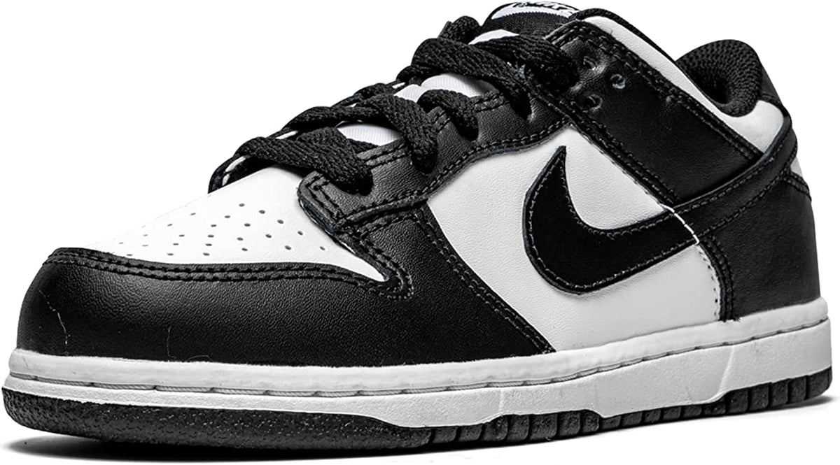 Toddler's Nike Dunk Low sneakers, black leather toe and white panels with swoosh