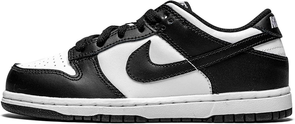 Toddler's Nike Dunk Low sneakers, black leather quarters with white mid panel and laces