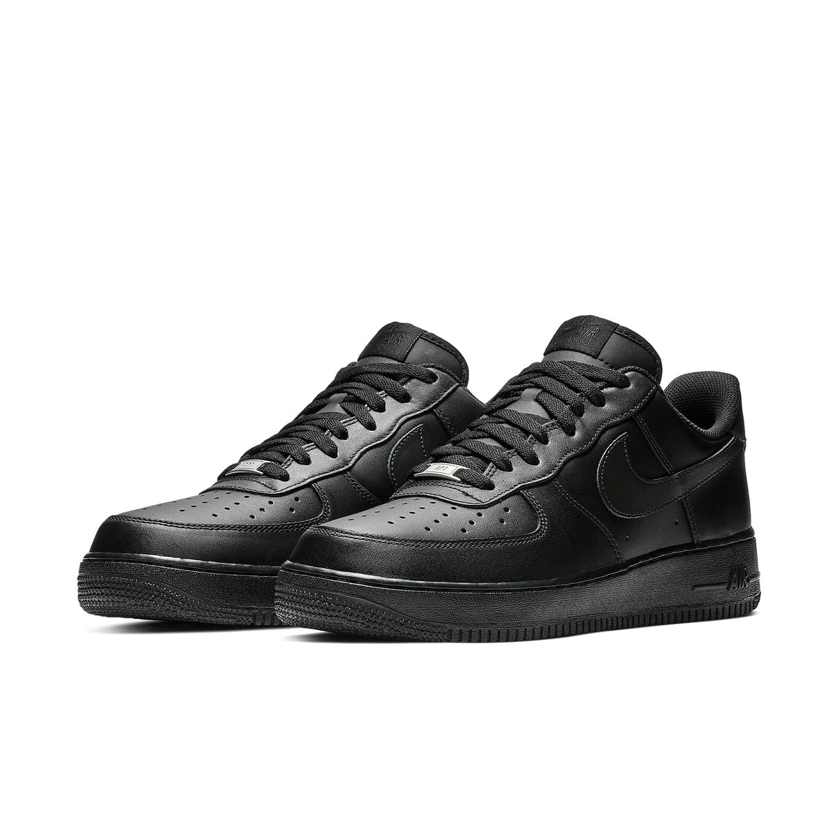 Nike Air Force 1 '07 sneakers, black leather lace-up pair shown front angle