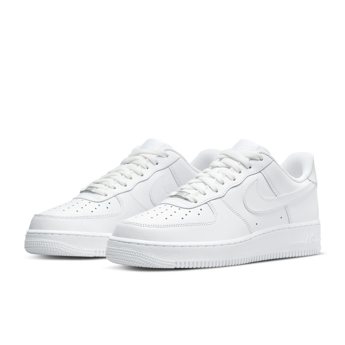 Pair of white Nike Air Force 1 low-top sneakers with lace-up closure