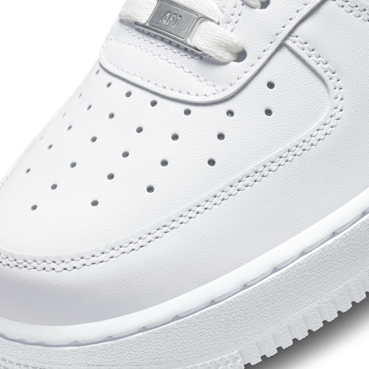 White Air Force 1 perforated leather toe with lace eyelets and stitched panel