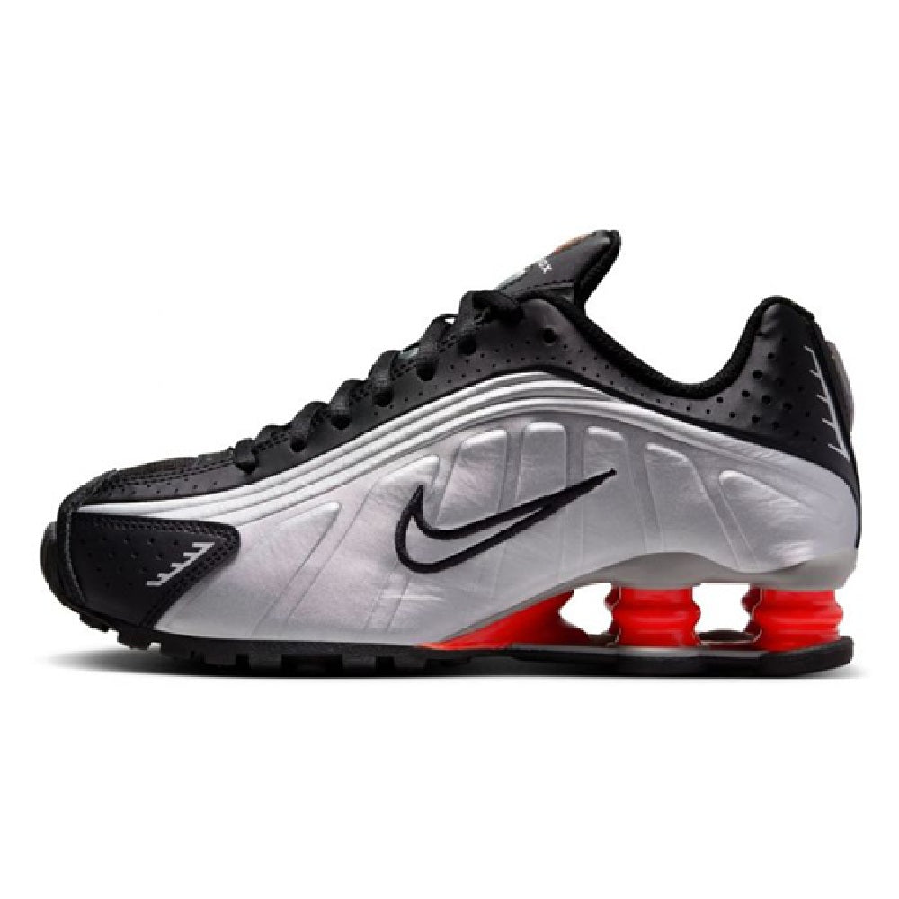 Kids' Nike Shox R4 metallic silver and black sneaker with red air pod soles