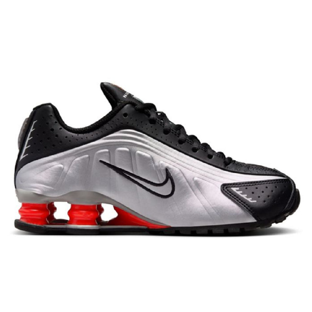 Kids' Nike Shox R4 metallic silver low-top sneaker, black panels, red sole pods