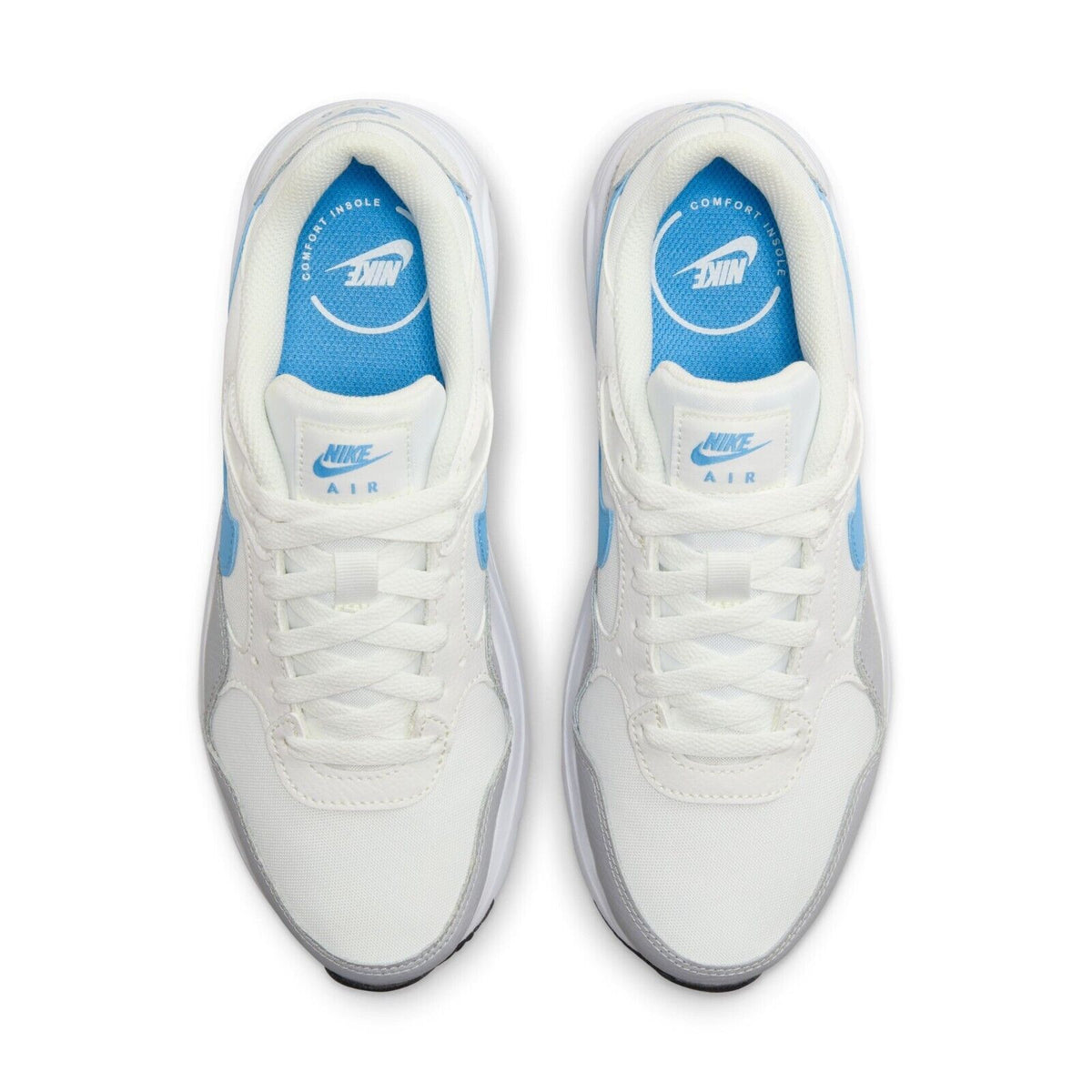 White Nike Air Max SC sneakers, blue lining, front laces, and gray toe overlay