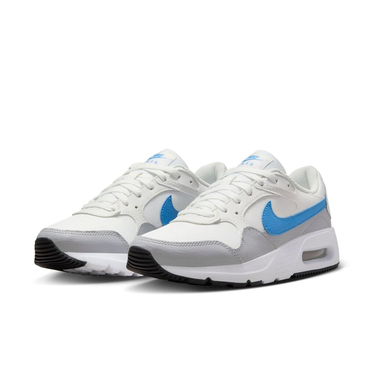 White Nike Air Max SC lace-up sneakers with blue side swoosh and cushioned midsole