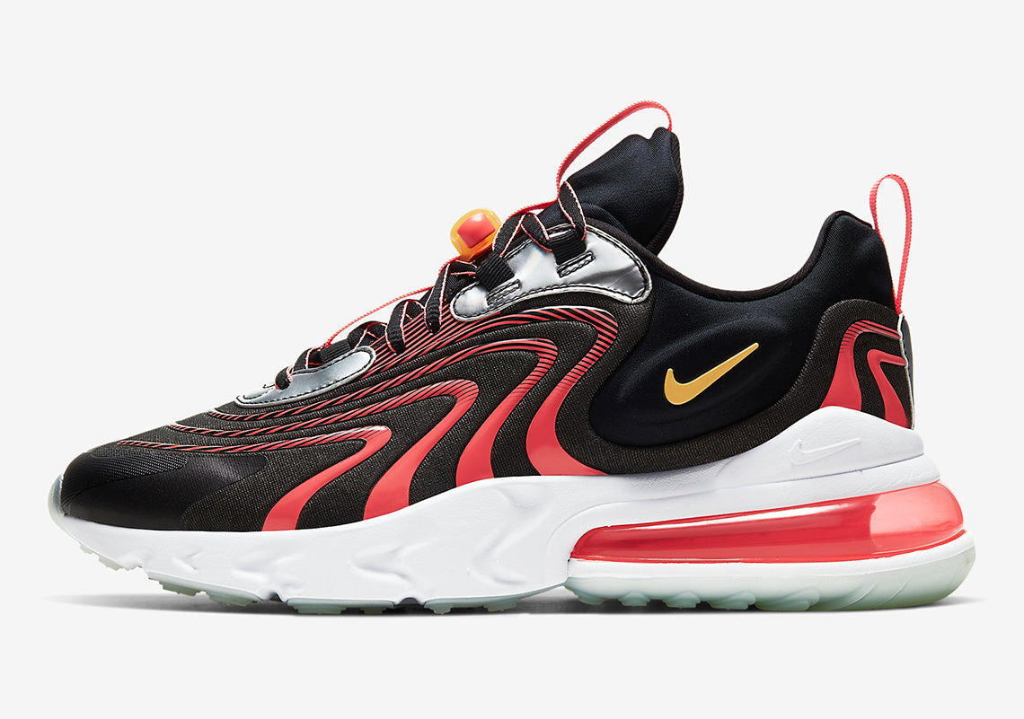 Men's Nike Air Max 270 React sneakers, black with red wave overlays and gold Swoosh