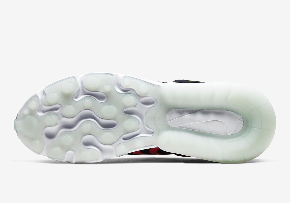 Nike Air Max 270 React shoe outsole, white with molded tread and black/red details