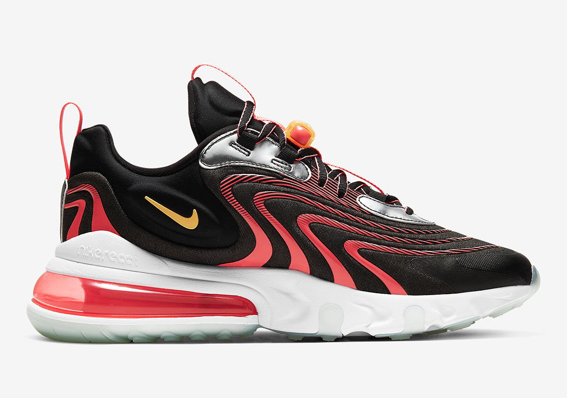 Men's Nike Air Max 270 React sneakers, black with red flame pattern and gold Swoosh