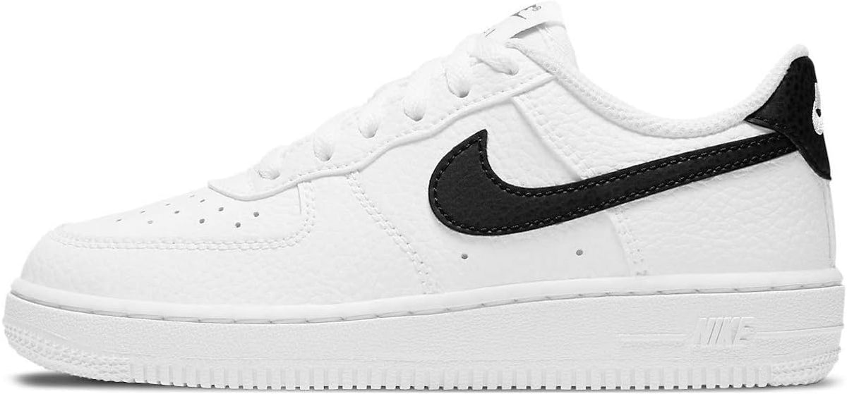 Kids' Nike Force 1 low-top sneakers in white with black swoosh, lace-up.