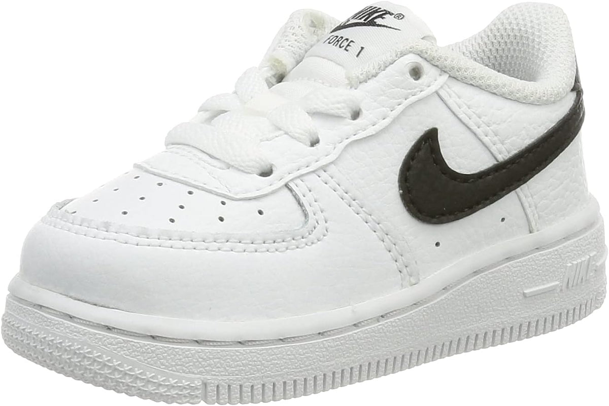 Toddler Nike Air Force 1 low-top sneakers with white leather, black swoosh, padded collar