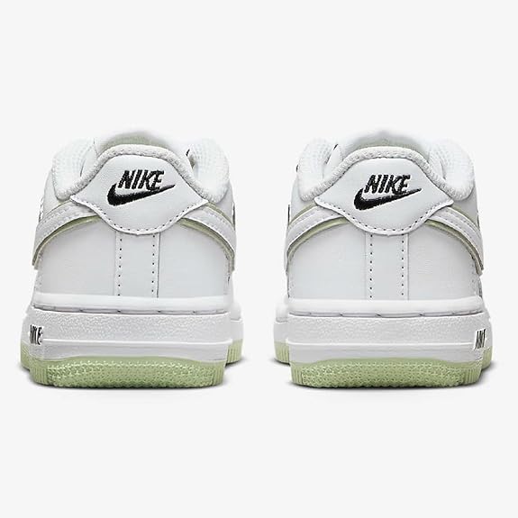 Toddler Nike Air Force 1 heel view, white leather-look with green-striped sole