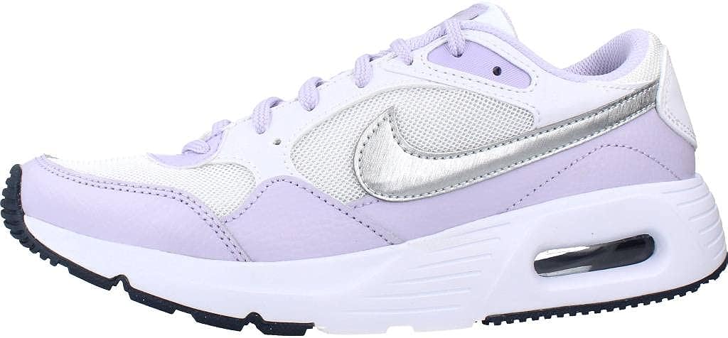 Big kid's Nike Air Max SC sneakers, side view with white uppers, lavender overlays, metallic swoosh