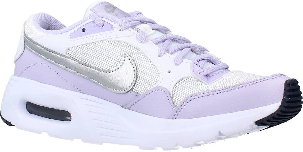 Big kid's Nike Air Max SC sneakers, angled front; white mesh with lavender panels and metallic swoosh