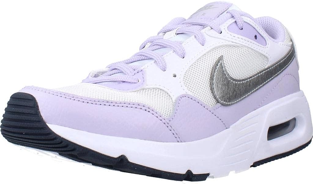 Big kid's Nike Air Max SC sneakers, heel-to-toe view; lavender and white with metallic swoosh