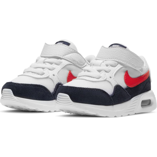 Kids' white Nike Air Max SC sneakers with red accents and navy toe and heel panels
