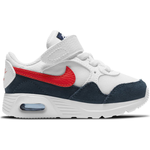 Kids' white Nike Air Max SC sneakers with red swoosh and dark navy side panels