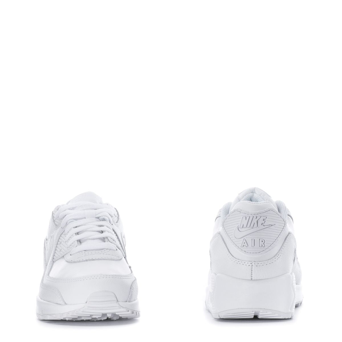 White Nike low-top sneakers, rear view with Air logo on heel