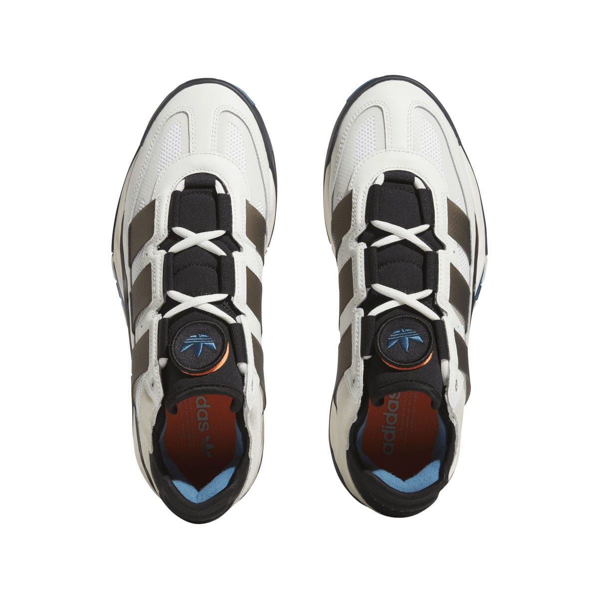 Niteball low-top sneakers, top view with black laces and blue logo on tongue