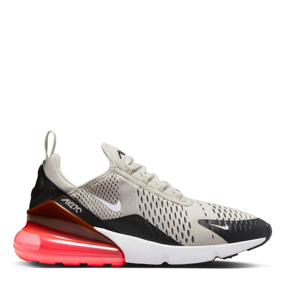 Air Max 270 trainers with white mesh upper, black overlays, orange accents, red air sole