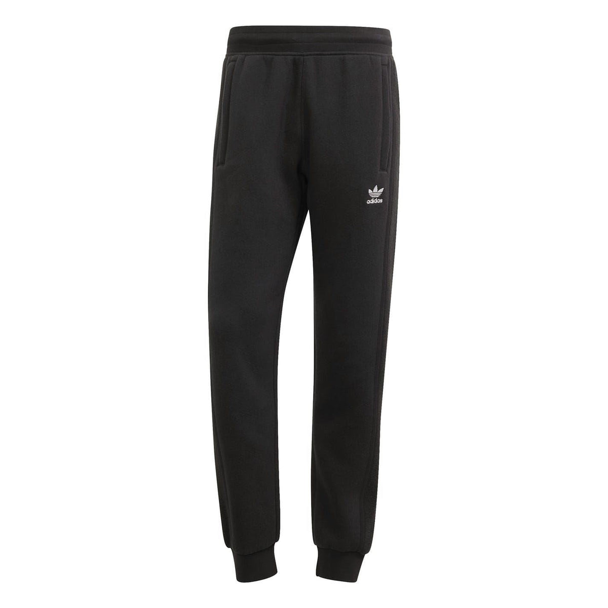Black jogger pants with elastic waistband and tapered legs