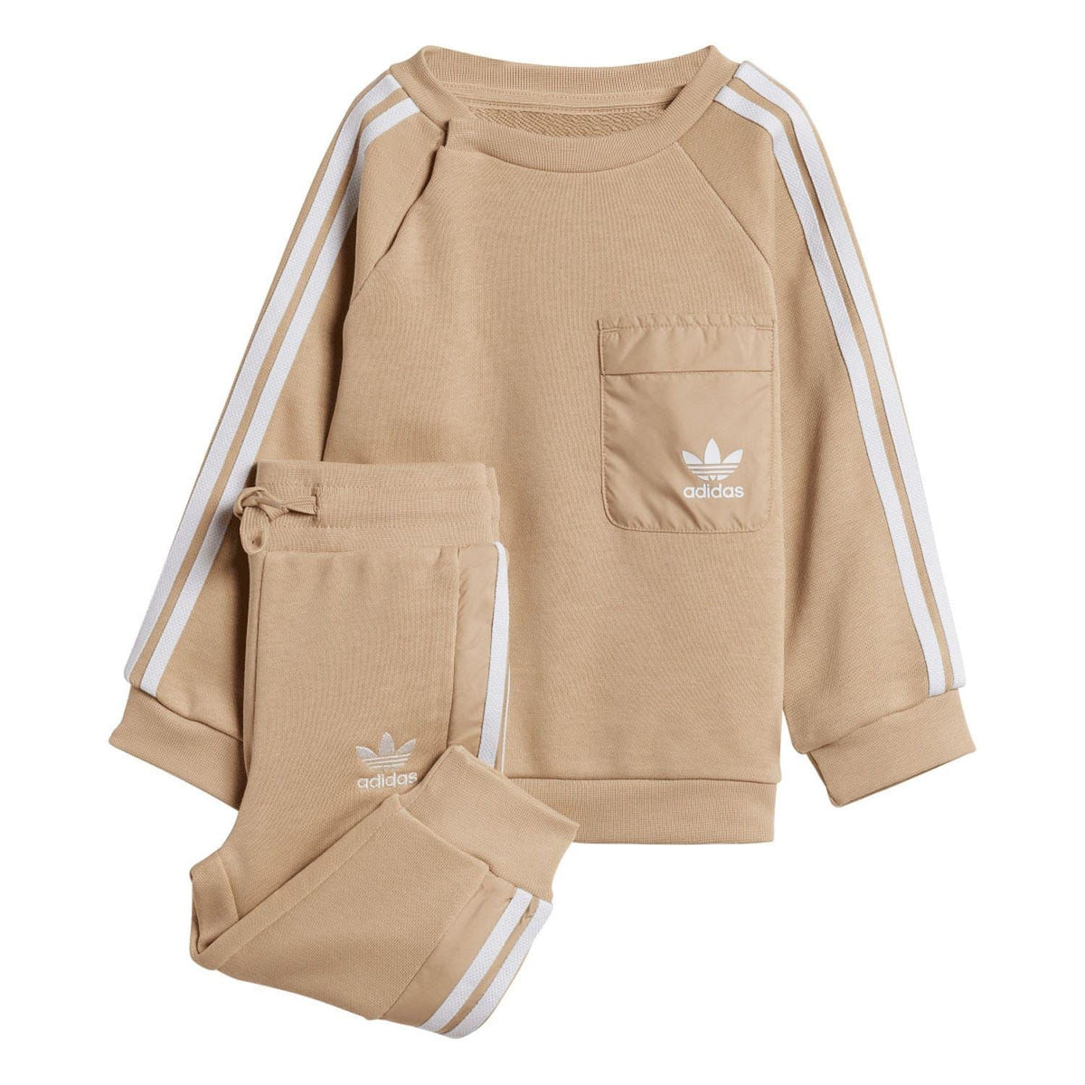 Beige infants adidas Originals crewneck set with logo pocket and matching jogger pants