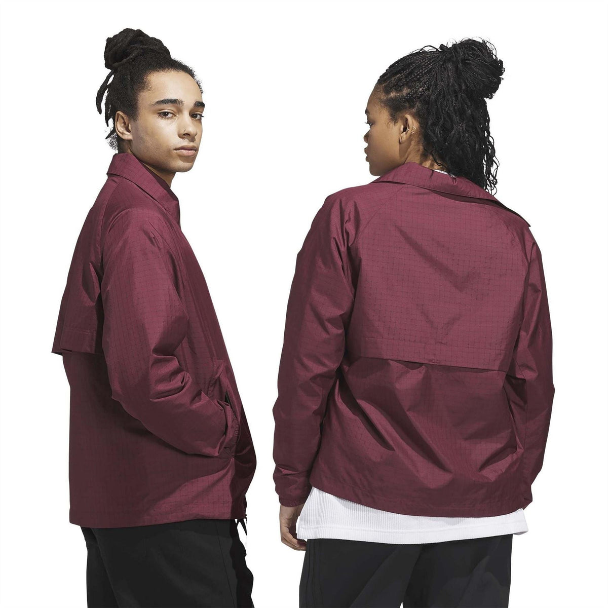 Shadow red coach jacket on model, back view with stand collar and logo patch, long sleeves
