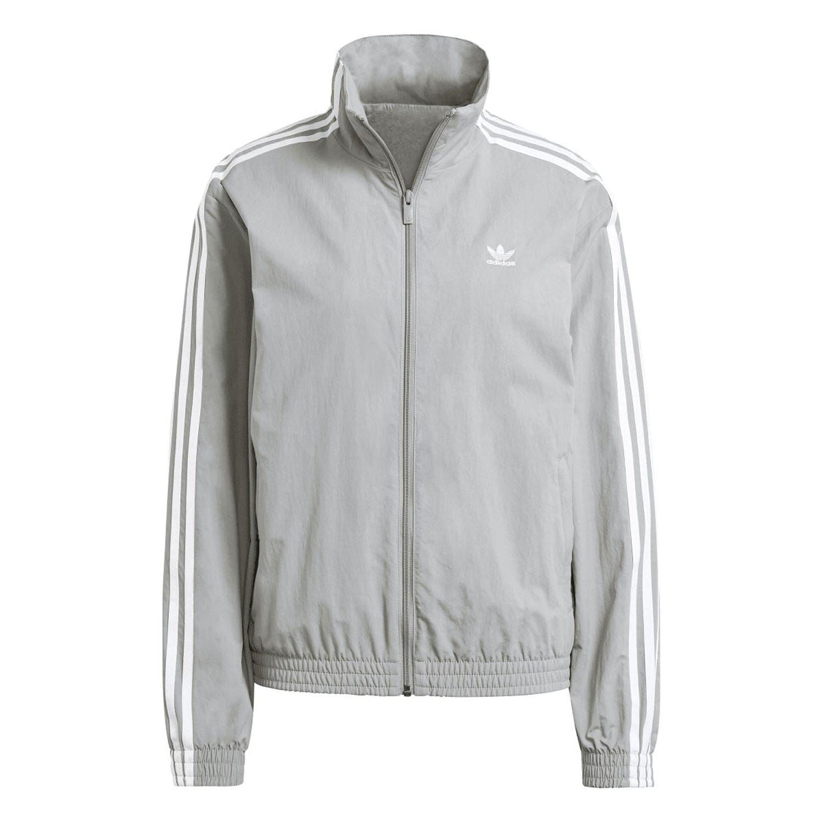 adidas Originals grey woven track jacket front with stand collar and zip