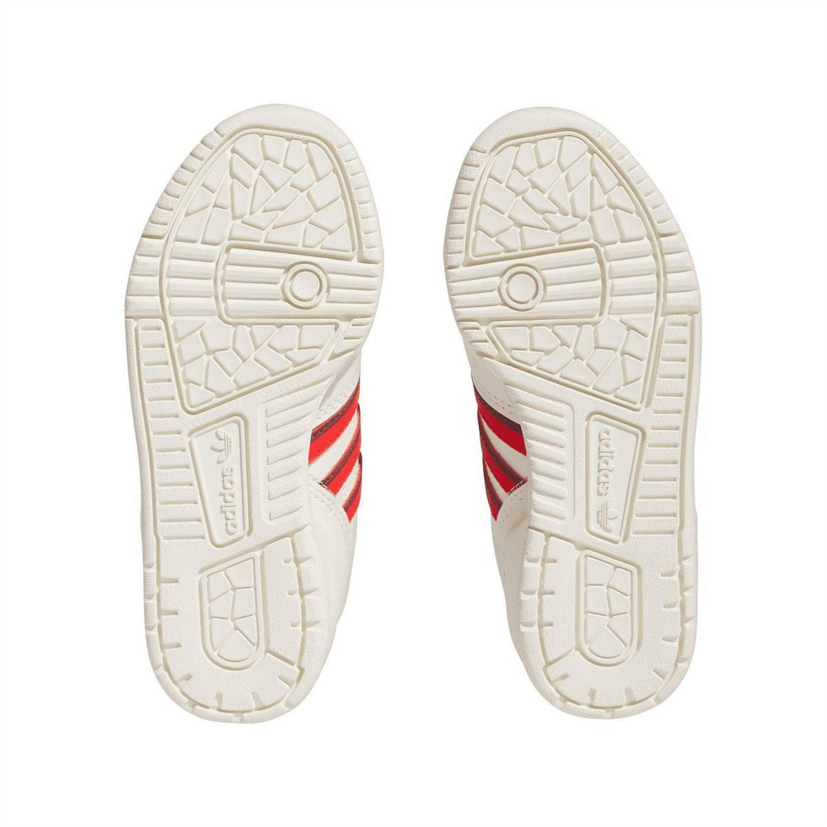 White rubber outsoles with textured tread and adidas Originals heel markings
