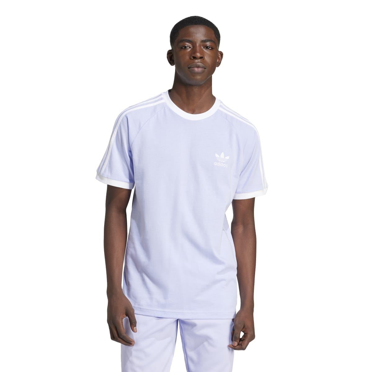 Lavender adidas Originals Adicolor 3-Stripes T-shirt worn by model, crew neck, chest logo
