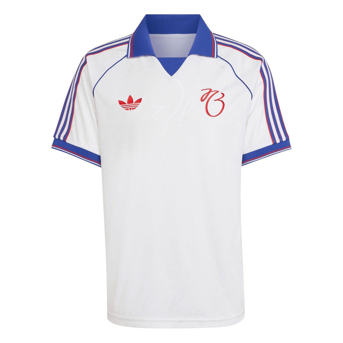 adidas Originals Jude Bellingham white jersey with blue collar and red shoulder stripes
