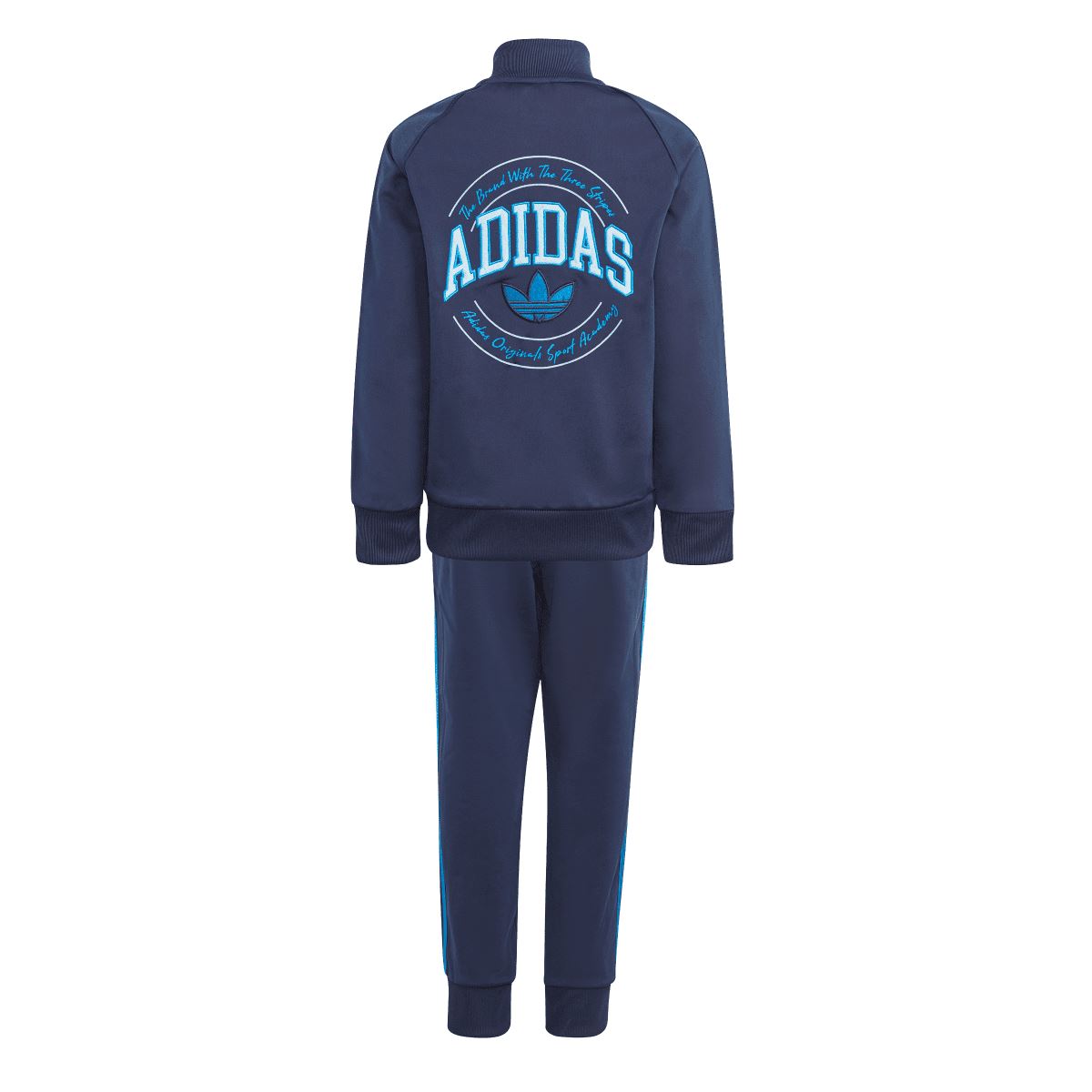 Infant adidas tracksuit set in indigo with back logo graphic on jacket and matching jogger pants