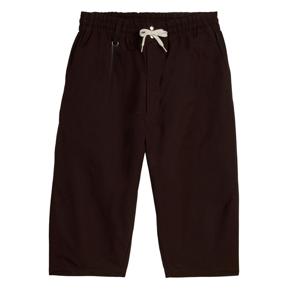 Brown knee-length shorts with elastic waist, white drawstring, and side eyelet details