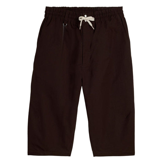 Brown knee-length shorts with elastic waist, white drawstring, and side eyelet details
