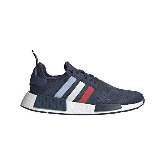 Navy adidas Originals NMD R1 trainers with white toe stripes and red accent