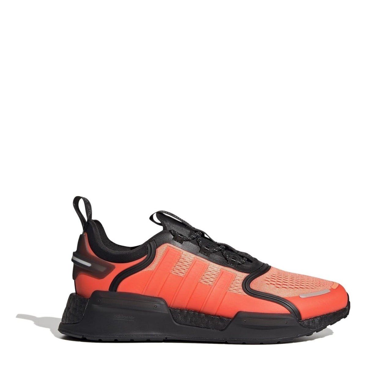 Orange and gray low-top lace-up sneakers with black NMD-style heel and chunky sole