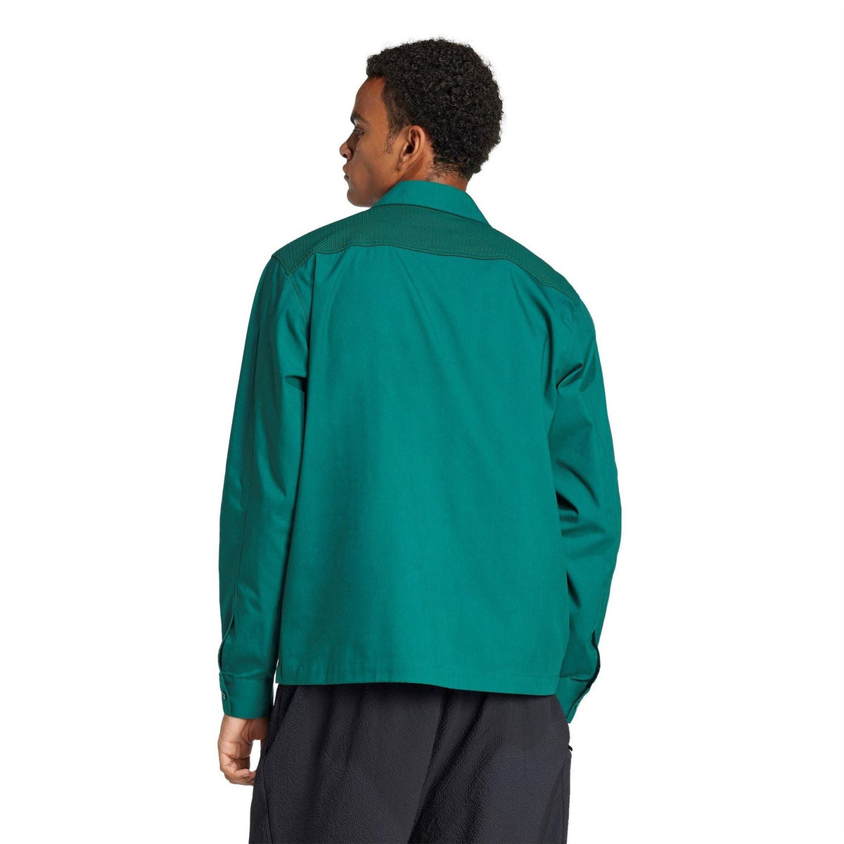 Green button-up jacket back view with stand collar and sleeve stripe panels