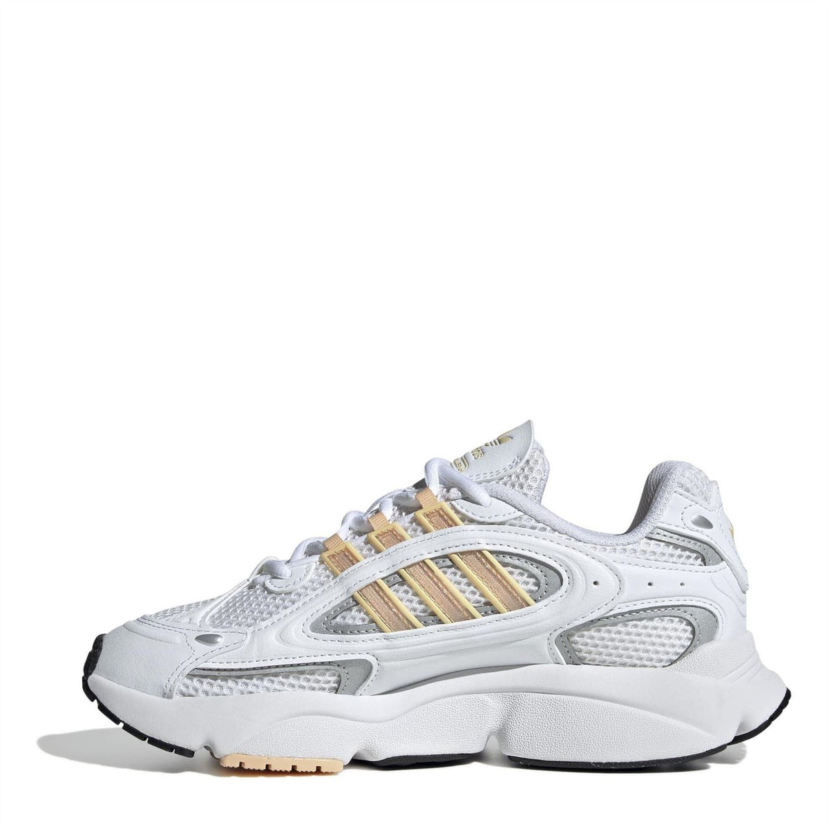 adidas Originals low-top sneakers, side view, white mesh with gold three-stripe detail