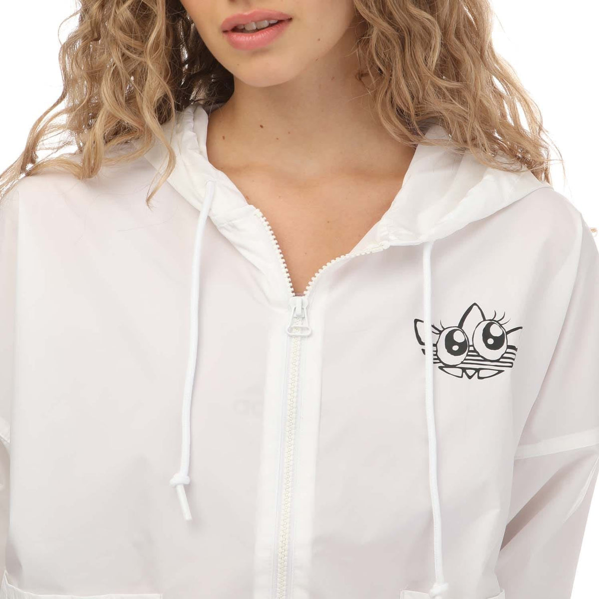 White hooded windbreaker with front zipper and small chest graphic