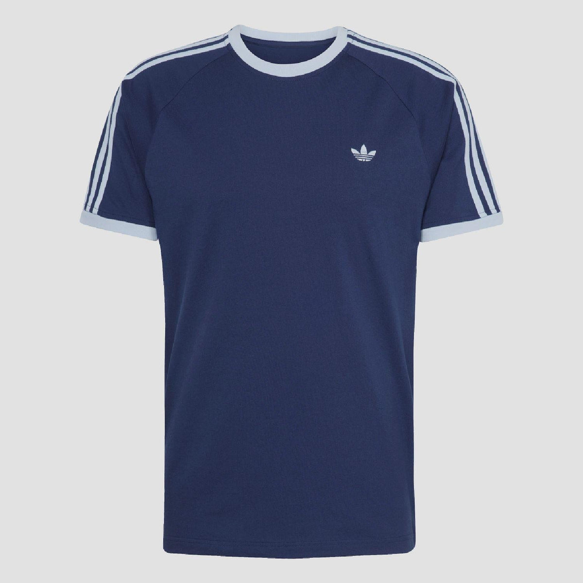 Indigo adidas Originals crew-neck T-shirt with white shoulder stripes and chest trefoil