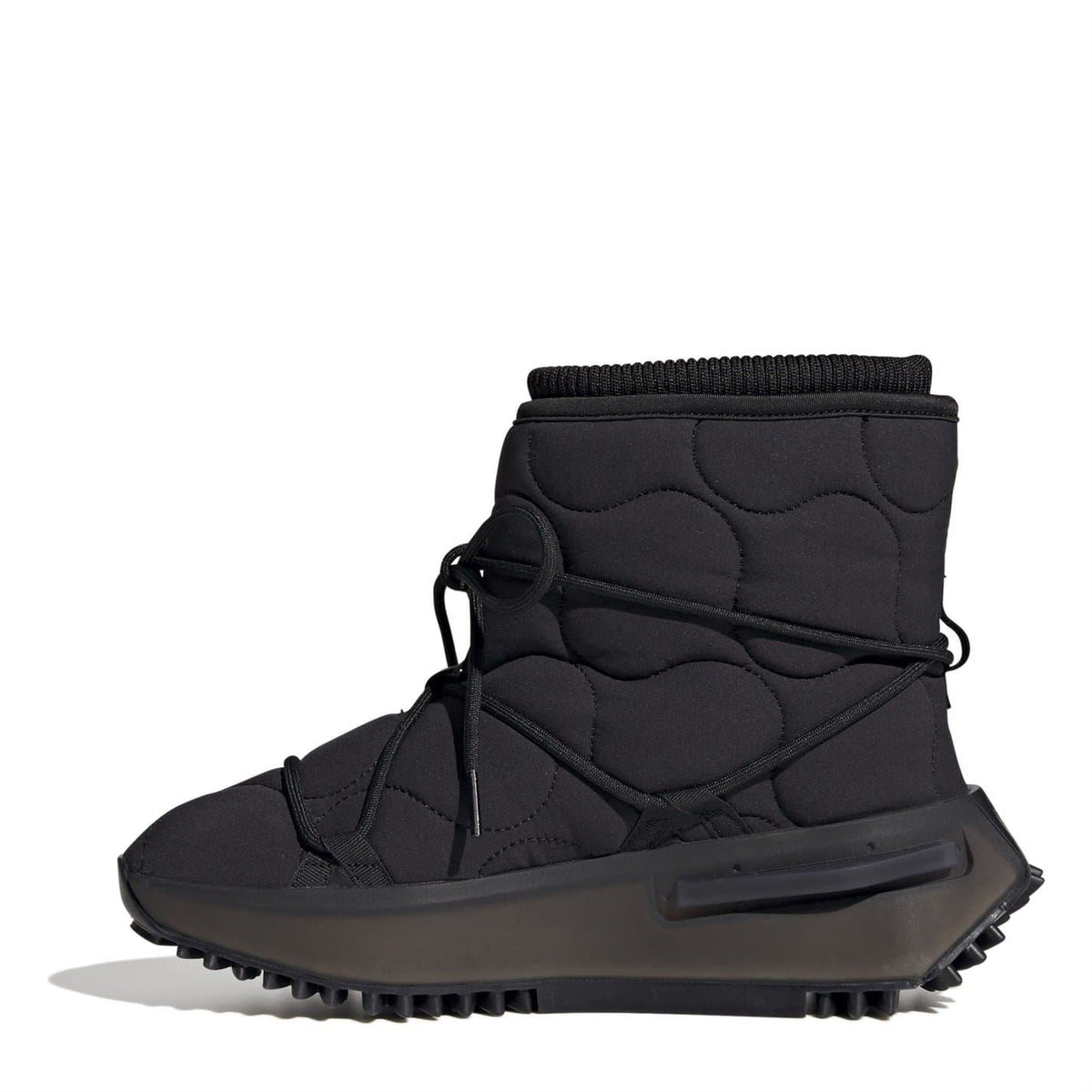 Black Adidas mid-top boot with lace-up closure, molded texture, and thick tread sole.