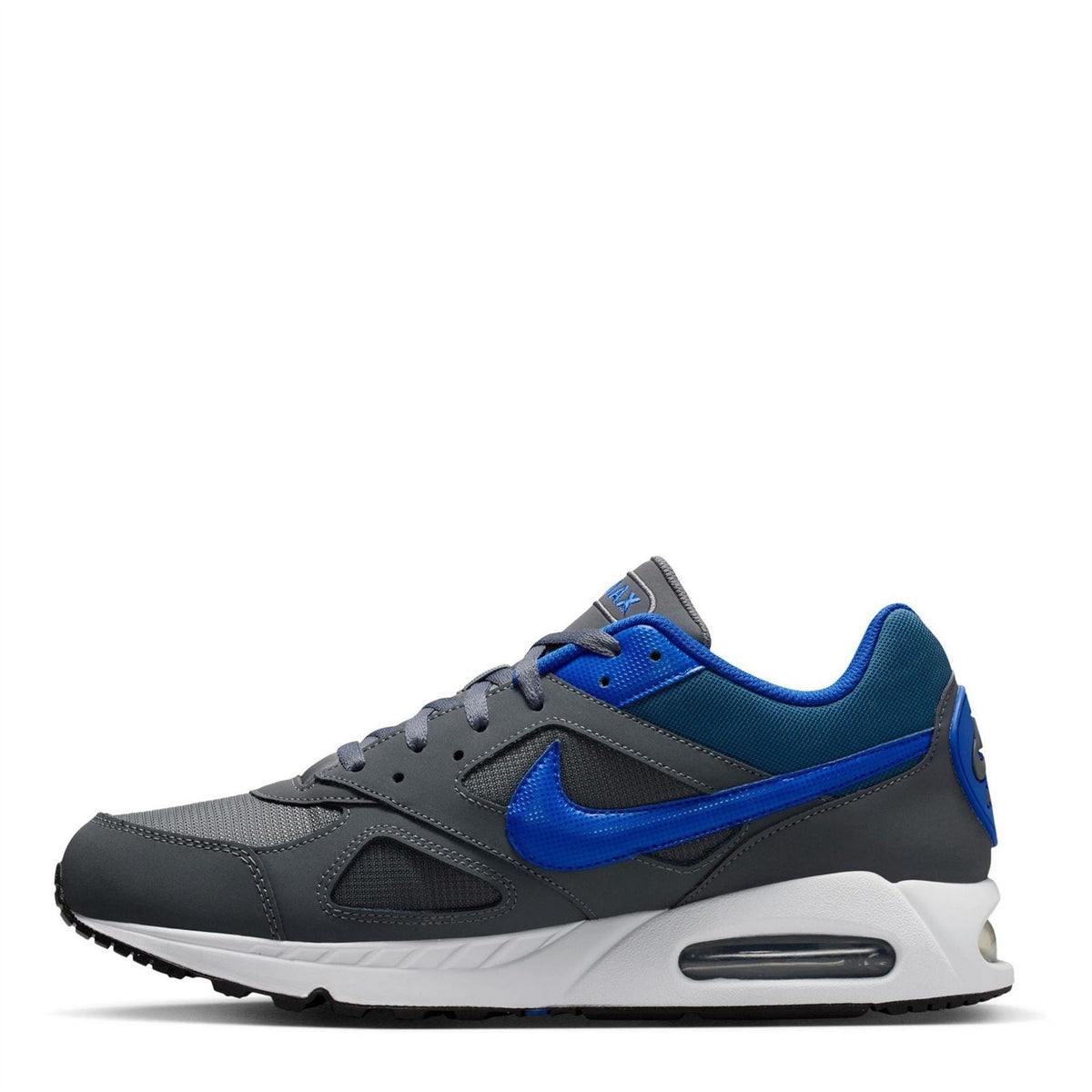 Grey and blue Nike Air Max sneakers with blue swoosh and air-cushion sole