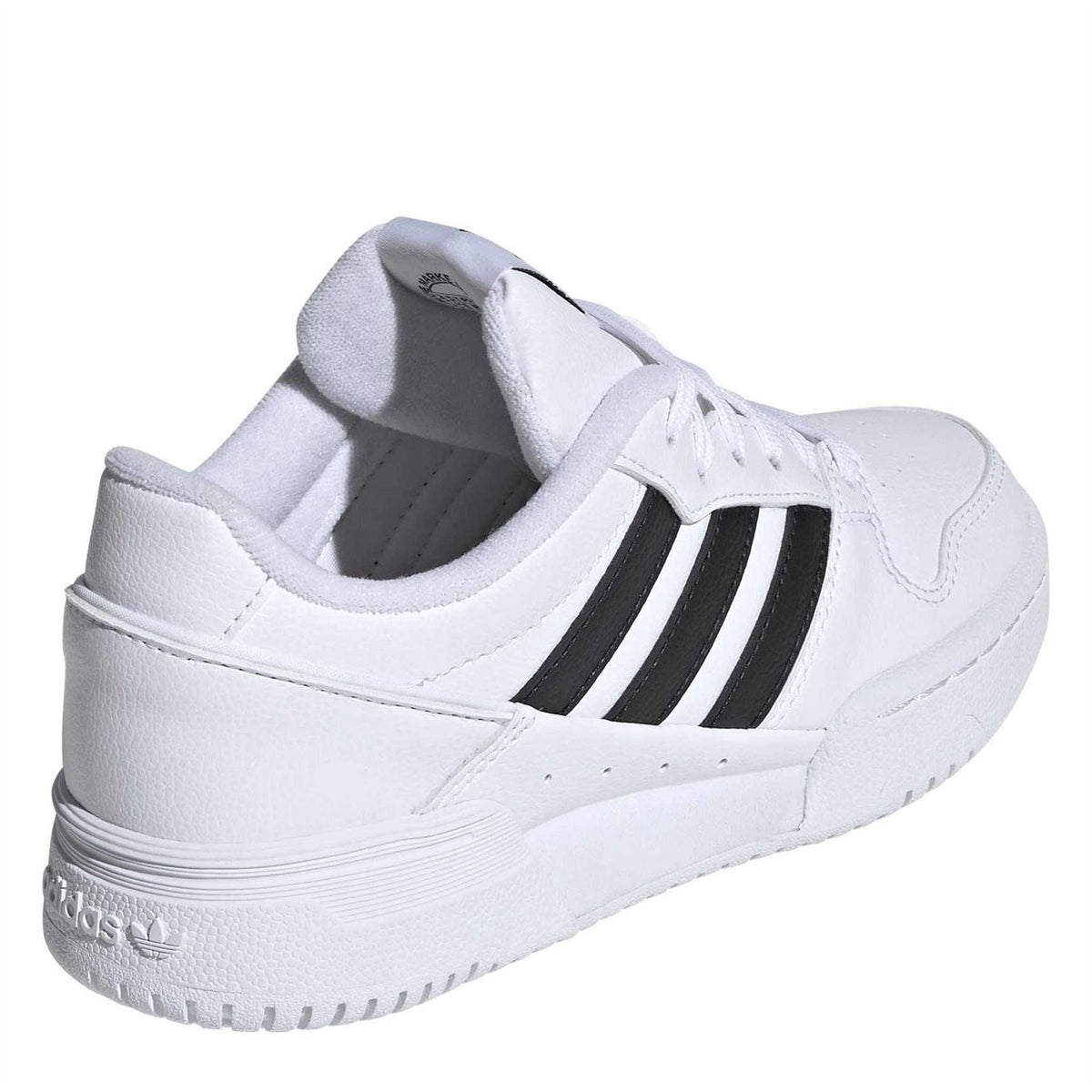 Kids' white adidas sneakers with black side stripes, padded heel, and stitched sole