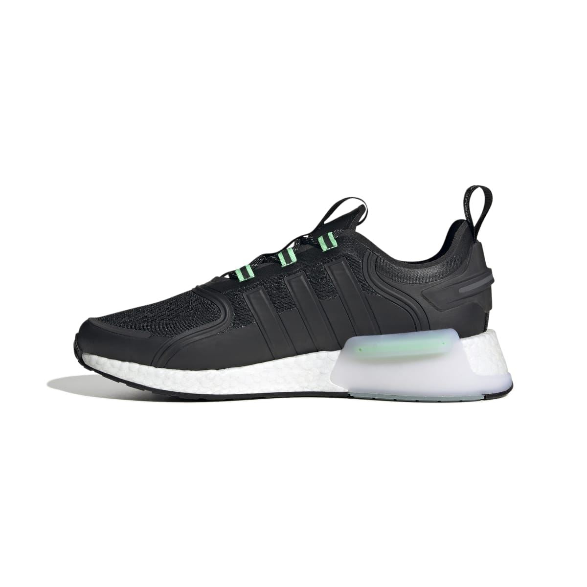 Black NMD_V3 trainers front side view with green stripes and white midsole