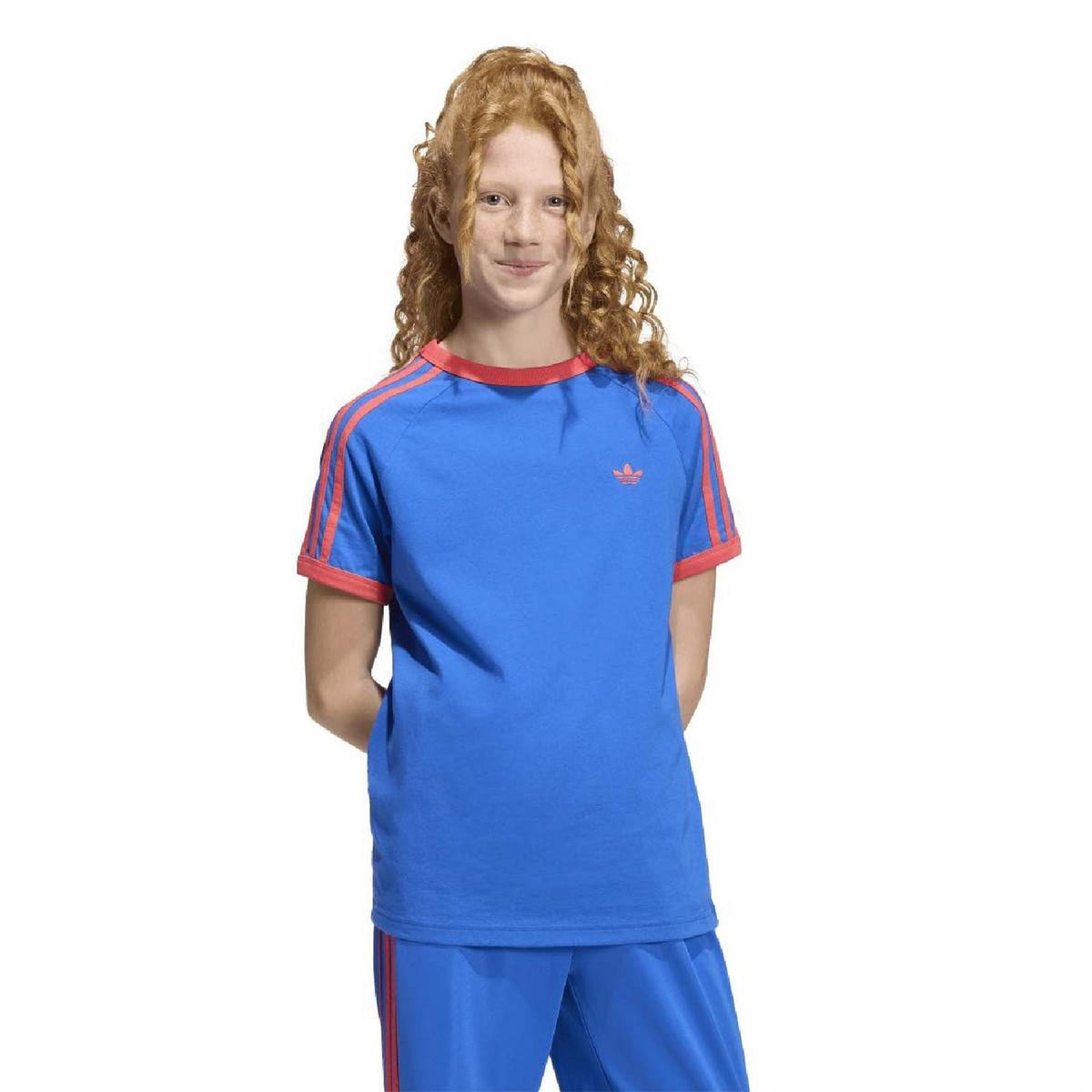 Kids blue adidas Originals T-shirt with ribbed orange crew neck trim and trefoil logo