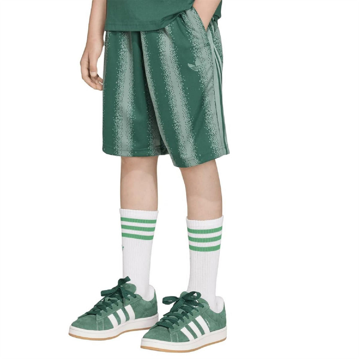 Kids' green speckle-print shorts with elastic waist and side stripe detail