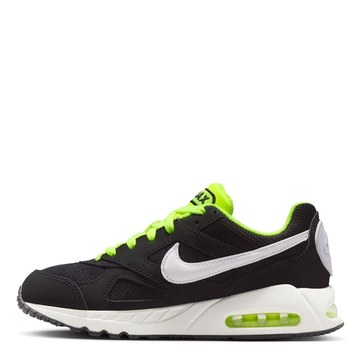 Boys' Nike Air Max Ivo sneakers, black upper with white Swoosh, neon green accents
