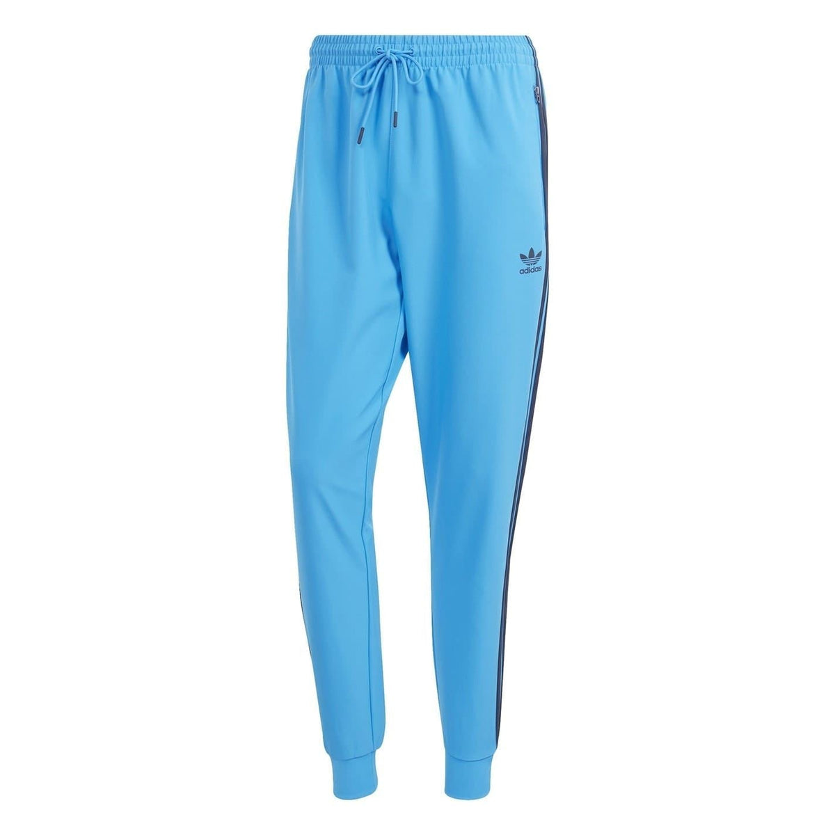 Blue slim track pants with adidas logo, side stripes, drawstring waistband