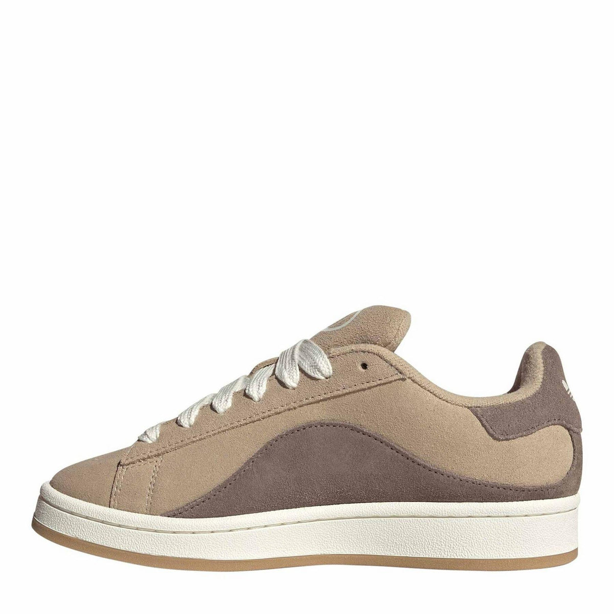Beige and brown low-top trainers with white laces and side three-stripe detail