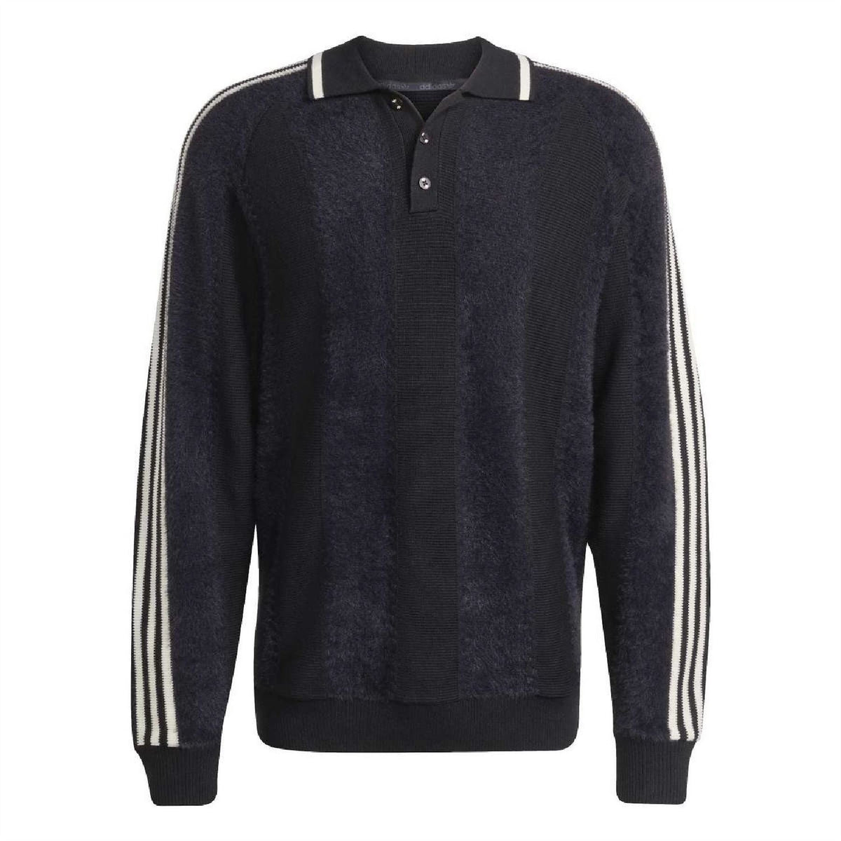 Black collared raglan sleeve sweater with three white side stripe bands on sleeves